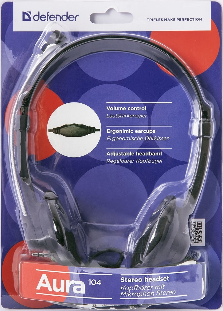 Наушники с микрофоном (гарнитура) defender aura 104, проводные, 1.8м, черные, 63104 (4714033631044)