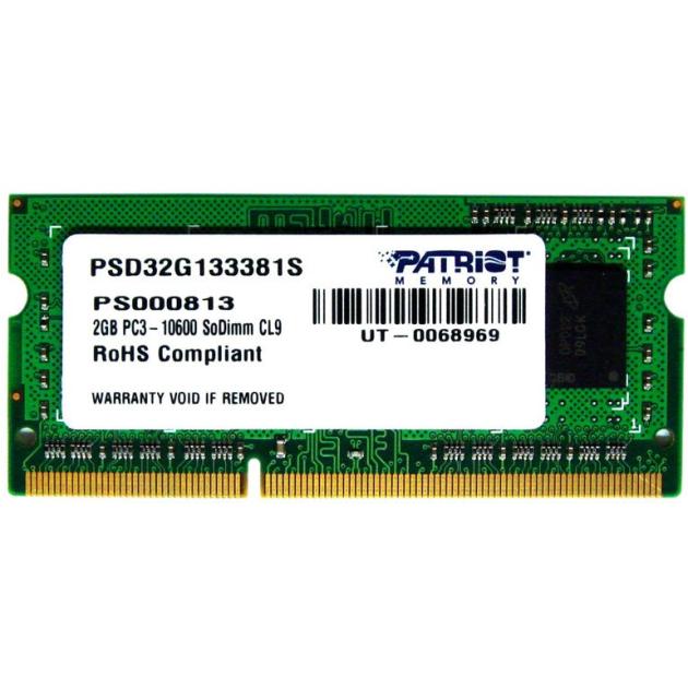 

Patriot Memory PSD34G133381S DDR3, 1, 2Гб, PC3-10600, 1333МГц, SO-DIMM