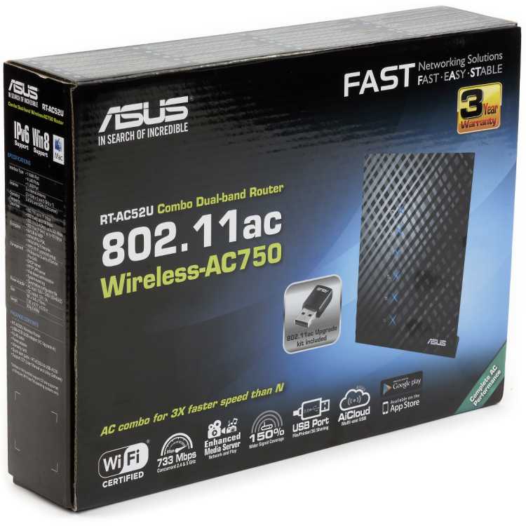 Asus RT-AC52U, 733Мбит/с, 5, 2.4