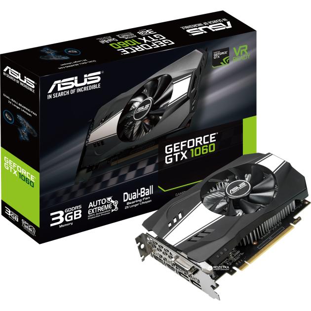 

Asus GeForce PH-GTX1060-3G Ret 3072Мб, GDDR5, PCI-E 3.0, Retail